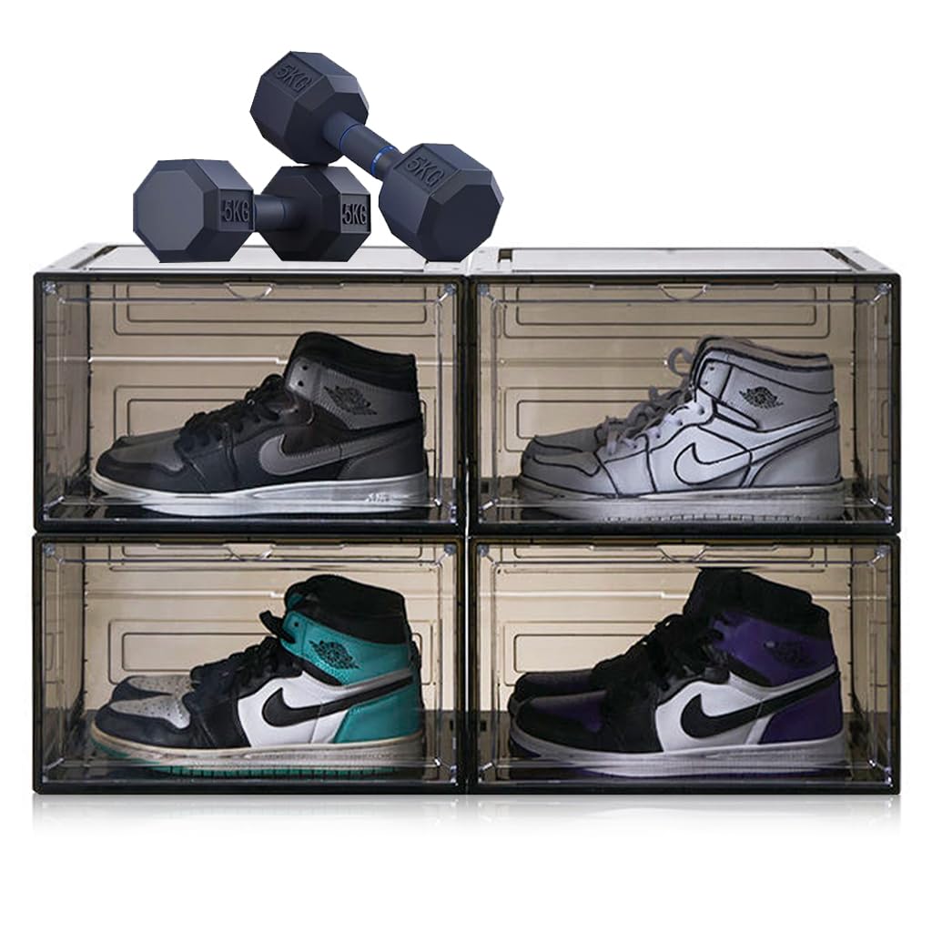 HANNEA Shoe Box Plastic Shoe Boxes Storage Separate Shoes Box with Magnet Door Stackable Shoe Organizer Universal Size Sneaker Shoe Box for Men Shoes Box for Women 4Packs HANNEA Shoe Box Plastic Shoe Boxes Storage Separate Shoes Box with Magnet Door Stackable Shoe Organizer Universal Size Sneaker Shoe Box for Men Shoes Box for Women 4Packs